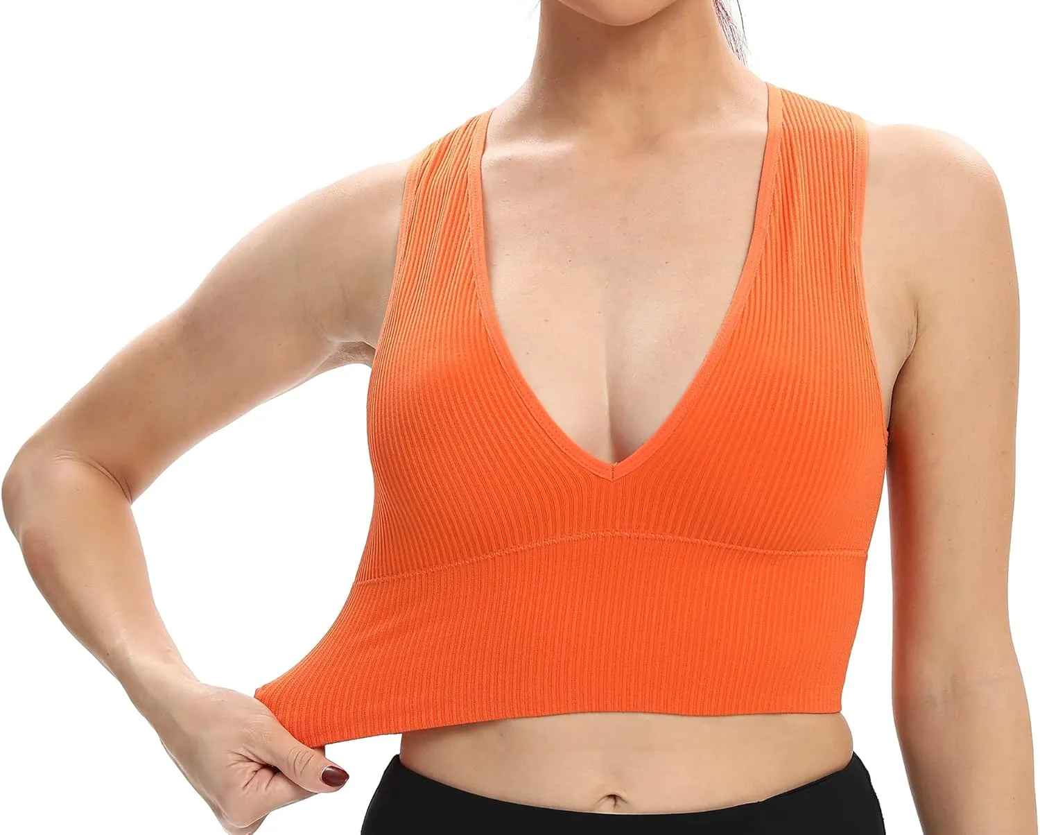 Venbond Women's Sexy Sleeveless Seamless Crop Top Deep Plunge V Neck Ribbed Tank Top with Removable Pads