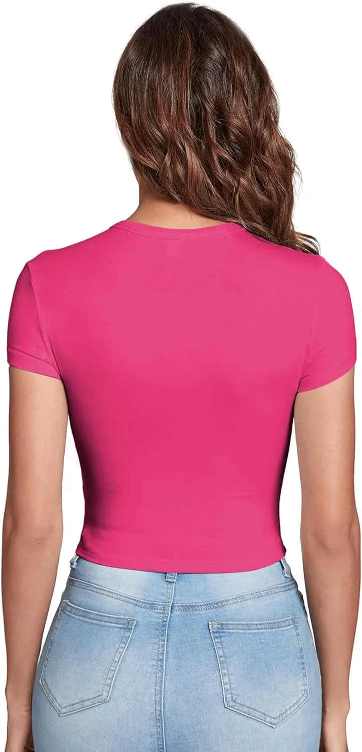 Verdusa Women's Casual Basic Cap Sleeve Slim Fitted Round Neck Crop Tee Top