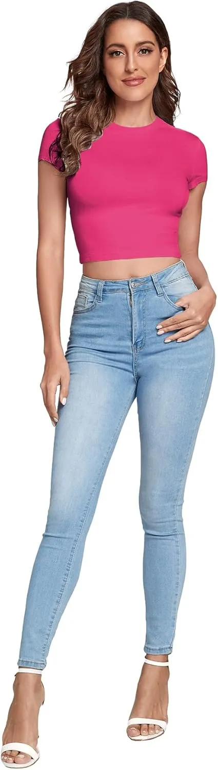 Verdusa Women's Casual Basic Cap Sleeve Slim Fitted Round Neck Crop Tee Top