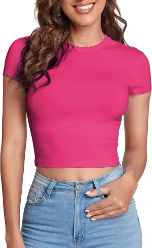Verdusa Women's Casual Basic Cap Sleeve Slim Fitted Round Neck Crop Tee Top