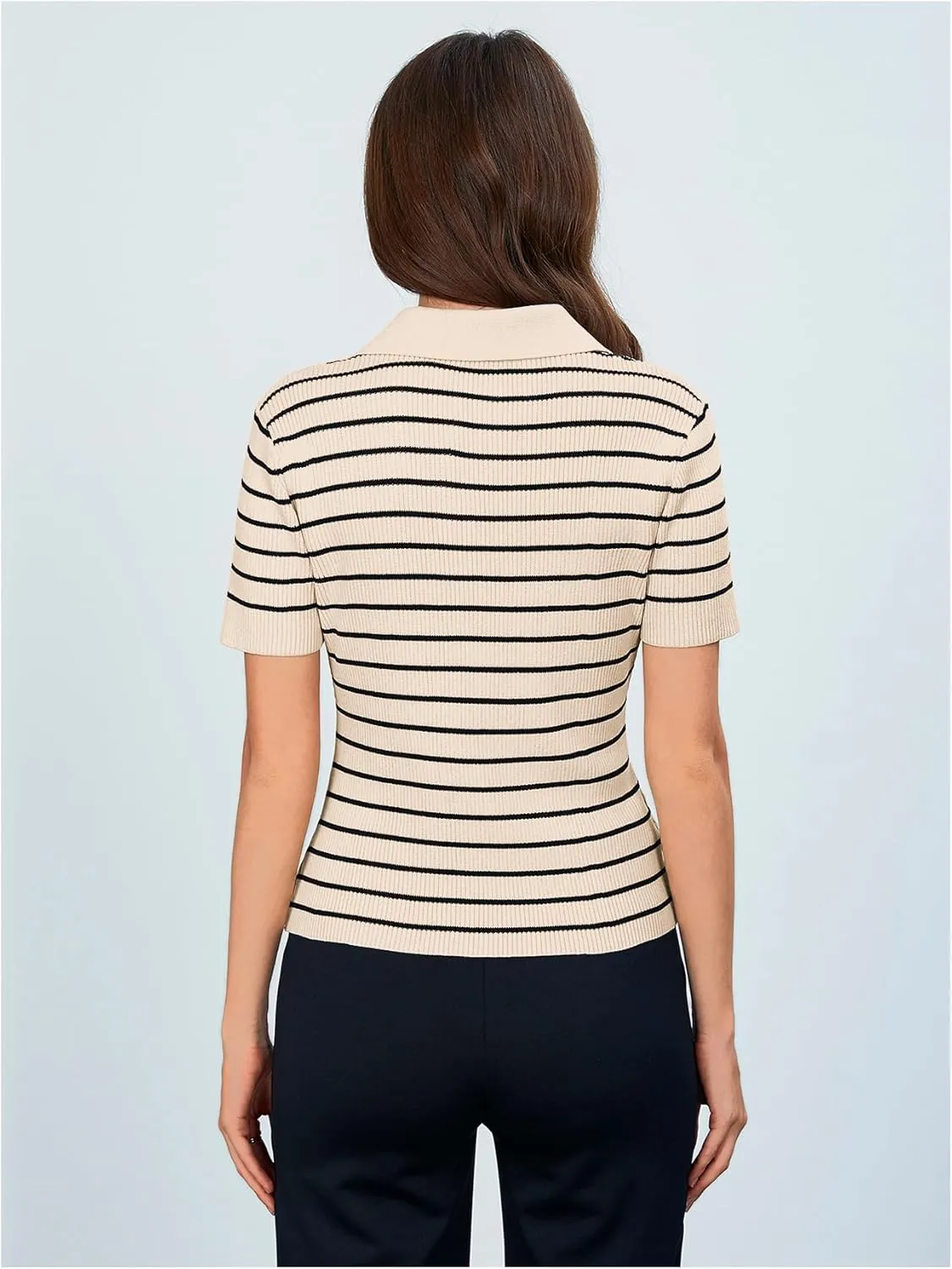 Verdusa Women's Striped Ribbed Knit Button Down Sweater Top Collar Short Sleeve Tee
