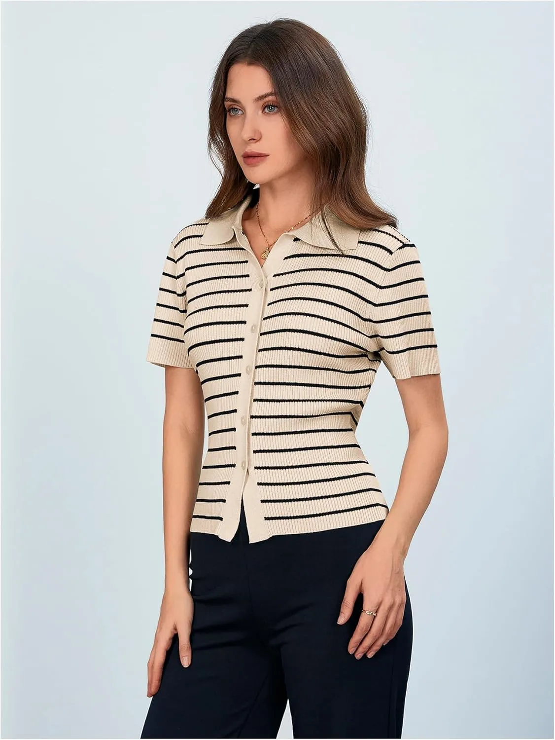Verdusa Women's Striped Ribbed Knit Button Down Sweater Top Collar Short Sleeve Tee