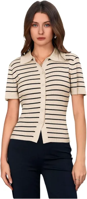 Verdusa Women's Striped Ribbed Knit Button Down Sweater Top Collar Short Sleeve Tee
