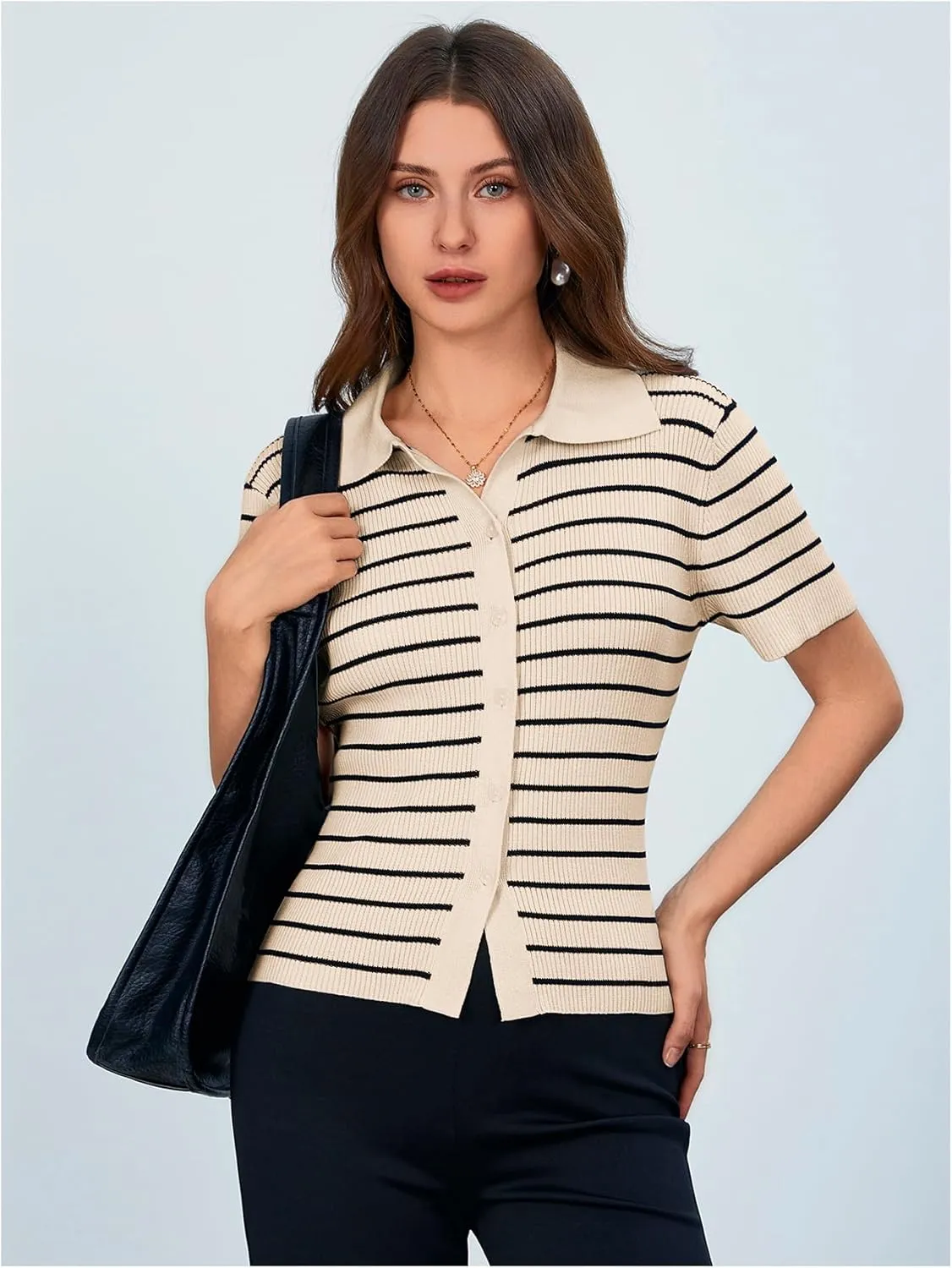 Verdusa Women's Striped Ribbed Knit Button Down Sweater Top Collar Short Sleeve Tee