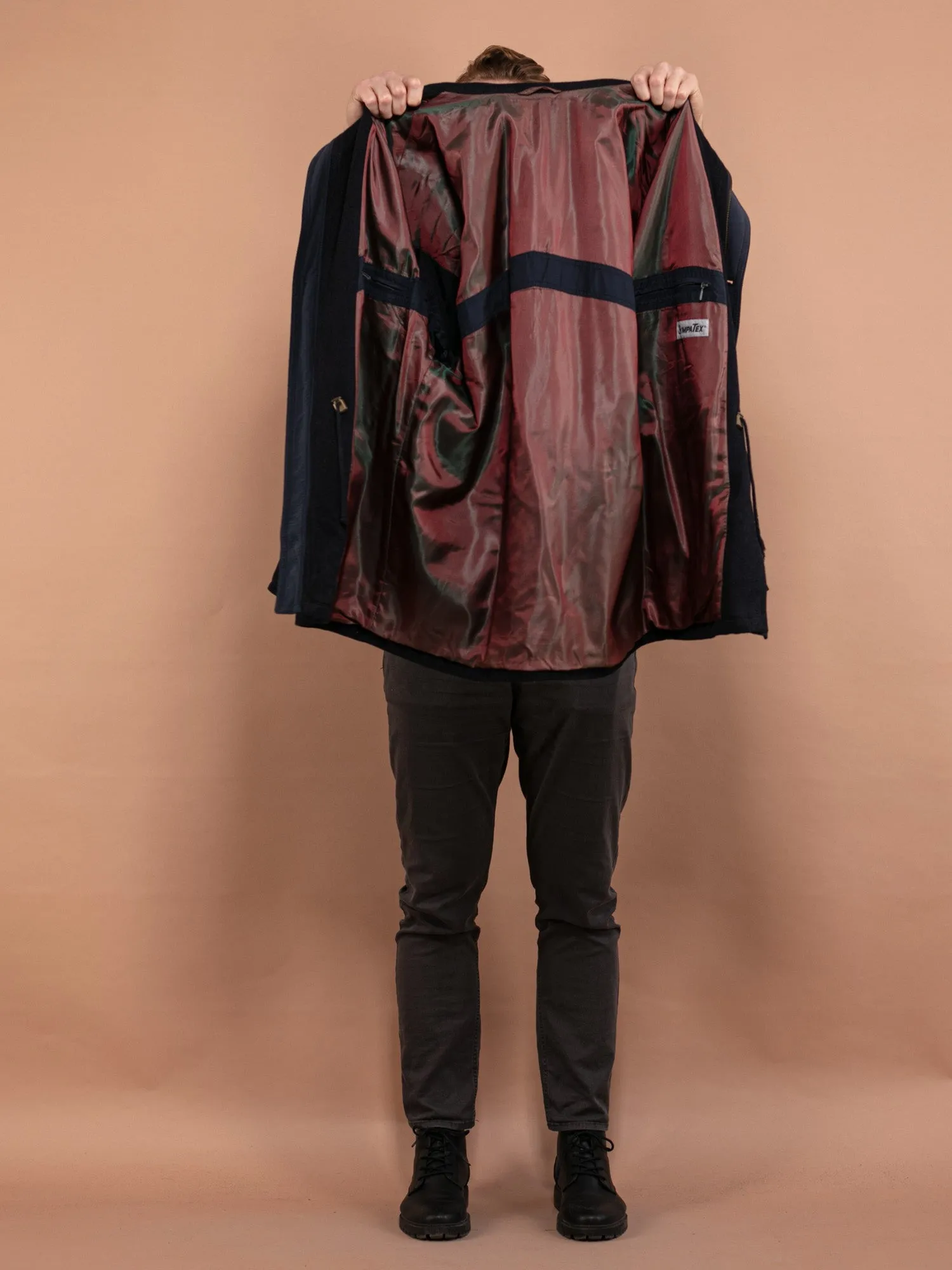 Vintage 80's Men Wool Parka Coat in Navy Blue