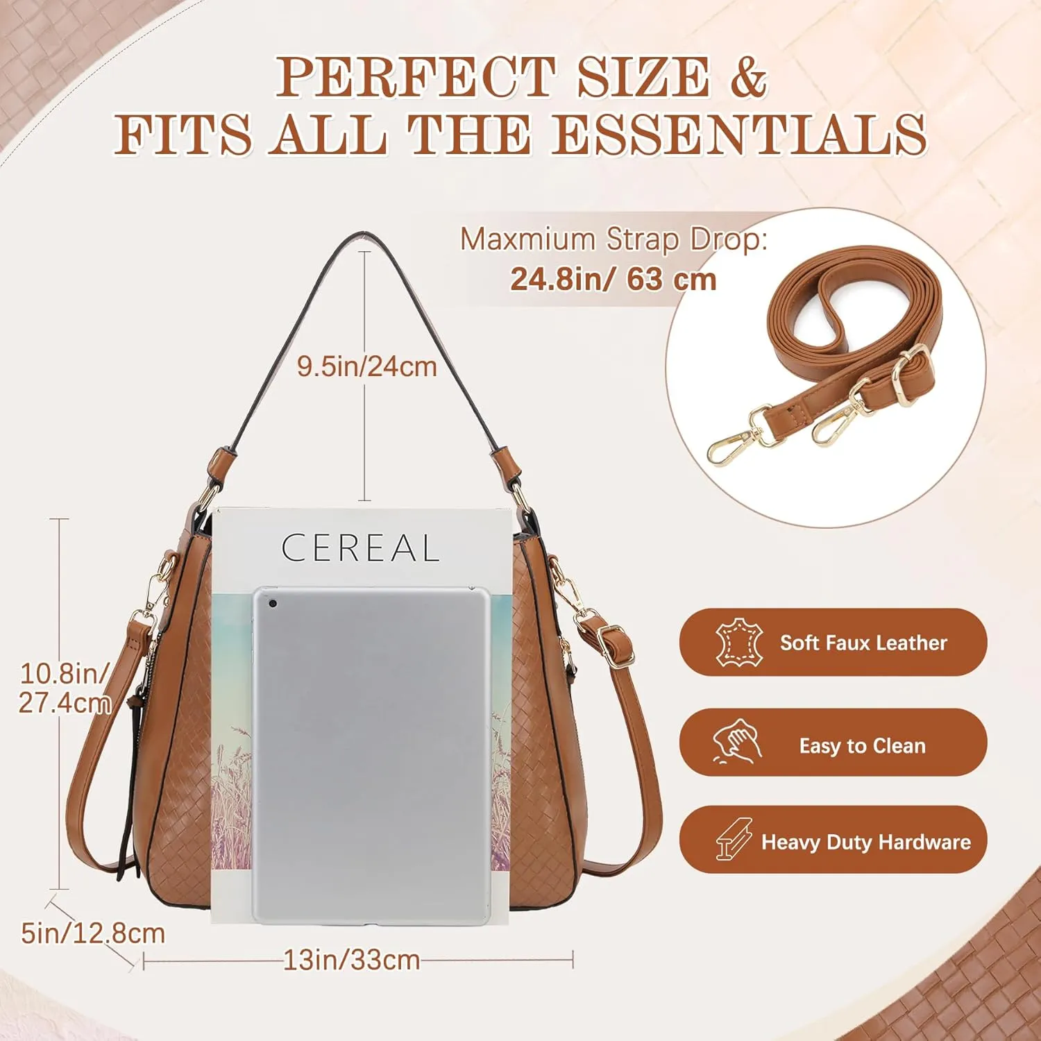 VX VONXURY Hobo Bags for Women, Faux Leather Tote Purse Ladies Handbag Medium Shoulder Bags with Side Pockets for Work Travel