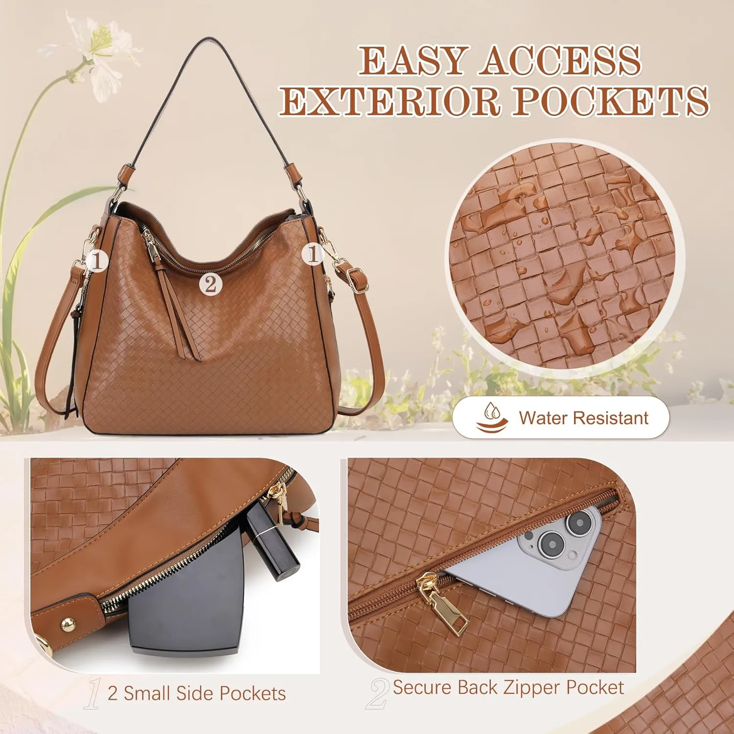 VX VONXURY Hobo Bags for Women, Faux Leather Tote Purse Ladies Handbag Medium Shoulder Bags with Side Pockets for Work Travel