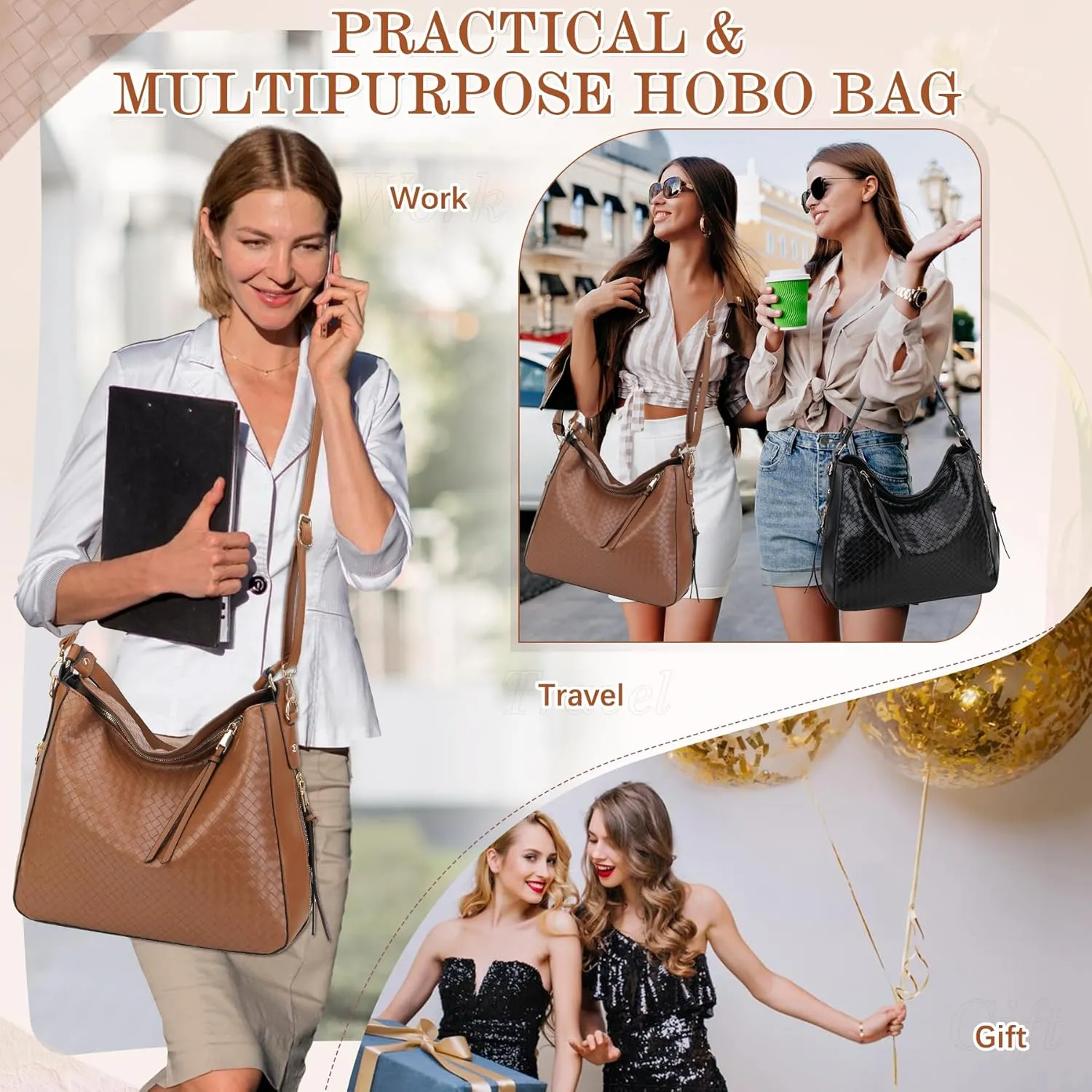 VX VONXURY Hobo Bags for Women, Faux Leather Tote Purse Ladies Handbag Medium Shoulder Bags with Side Pockets for Work Travel