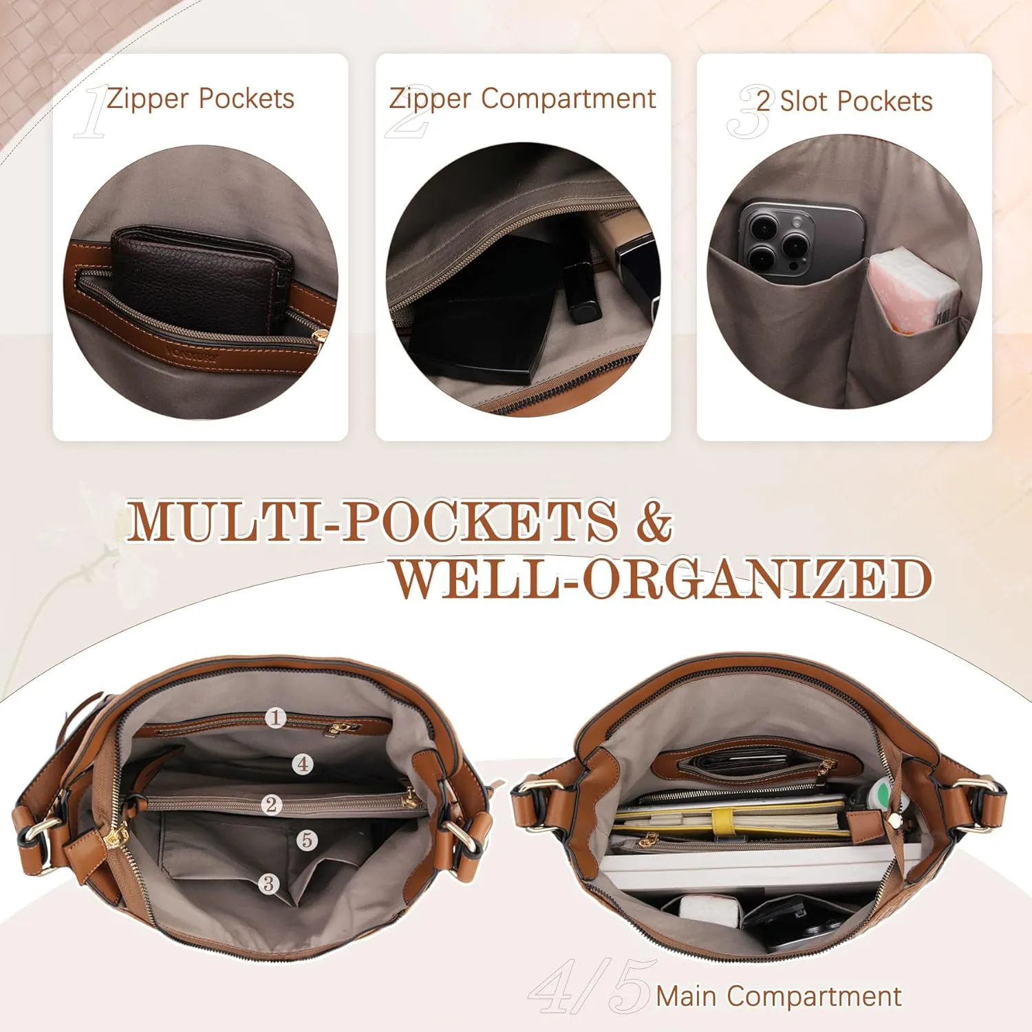 VX VONXURY Hobo Bags for Women, Faux Leather Tote Purse Ladies Handbag Medium Shoulder Bags with Side Pockets for Work Travel