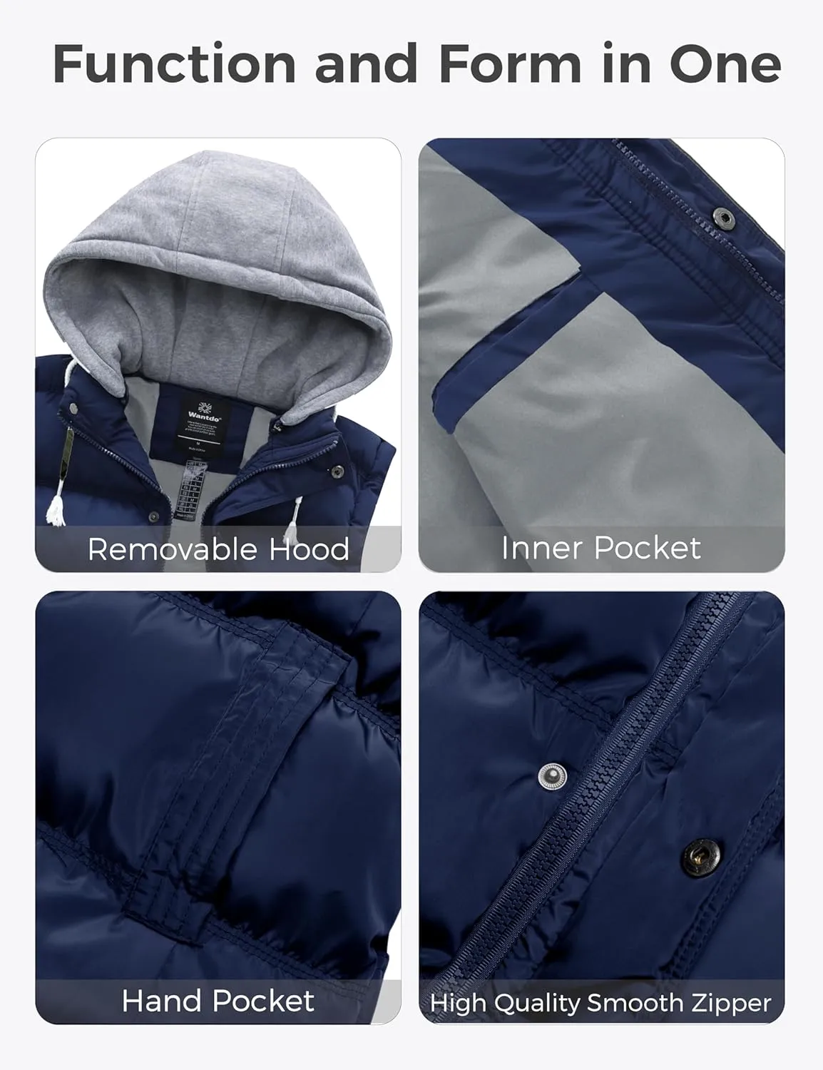 Wantdo Men's Thicken Winter Vest Water-Resistant Puffer Jacket Thicken Vest with Removable Hood