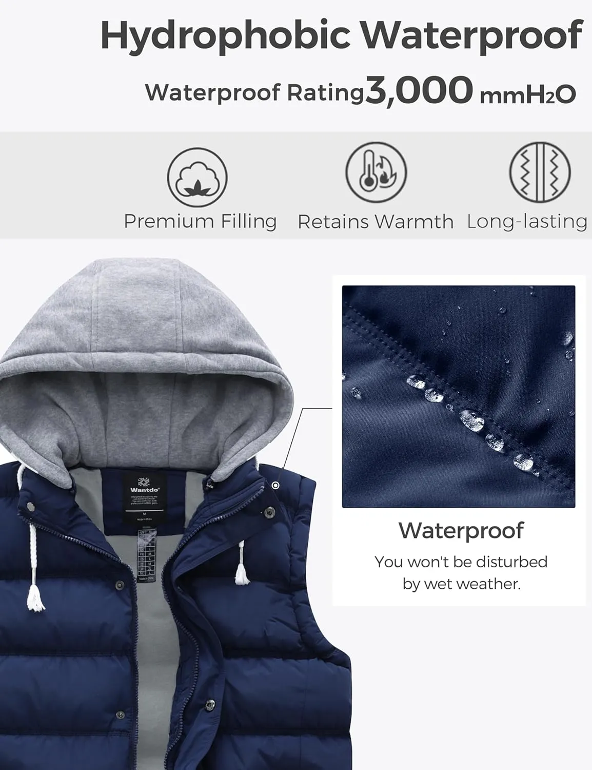 Wantdo Men's Thicken Winter Vest Water-Resistant Puffer Jacket Thicken Vest with Removable Hood