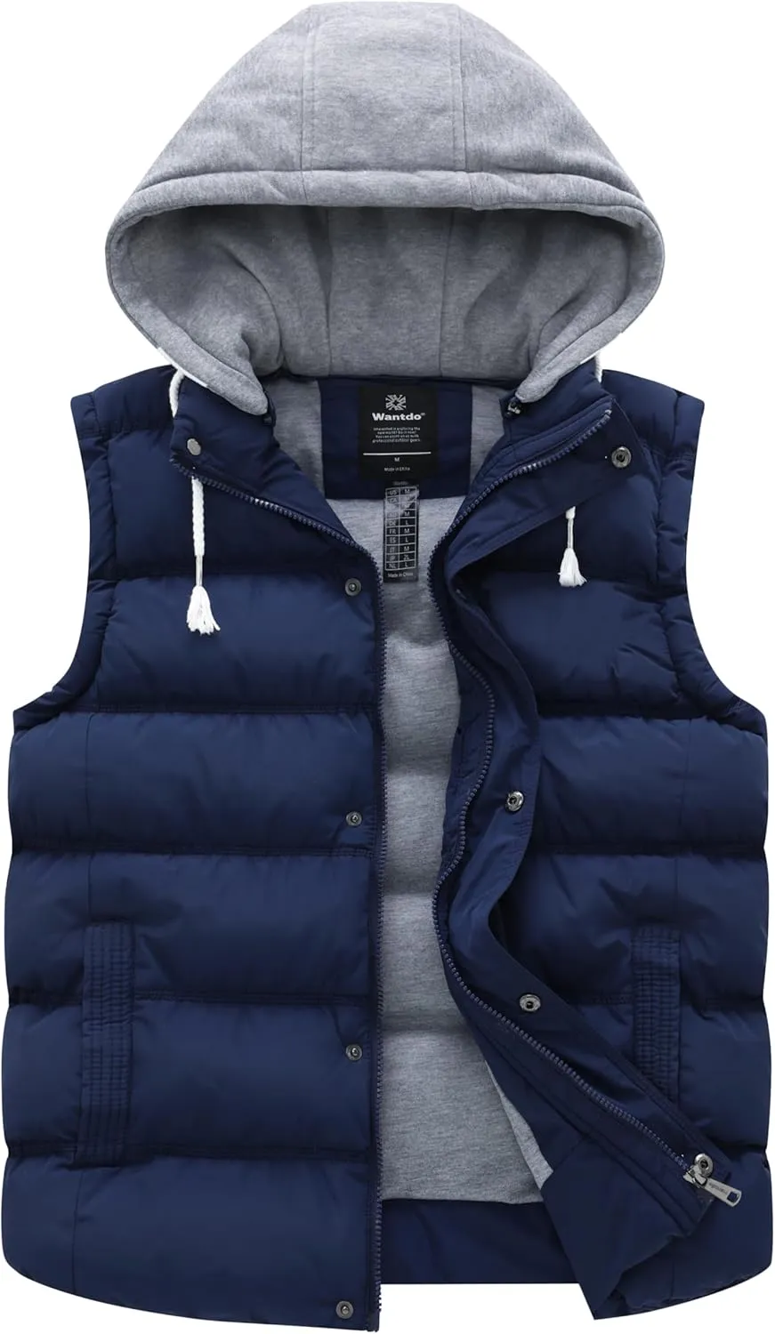 Wantdo Men's Thicken Winter Vest Water-Resistant Puffer Jacket Thicken Vest with Removable Hood