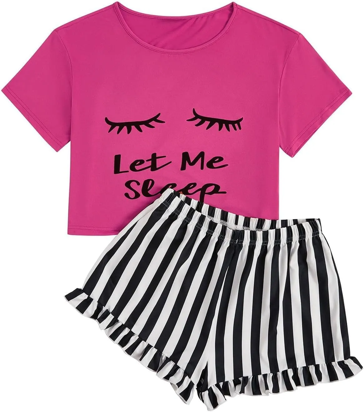 WDIRARA Women's Sleepwear Closed Eyes Print Tee and Striped Shorts Cute Pajama Set