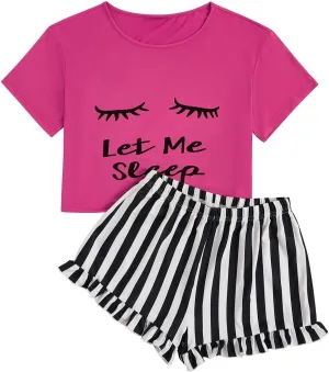 WDIRARA Women's Sleepwear Closed Eyes Print Tee and Striped Shorts Cute Pajama Set