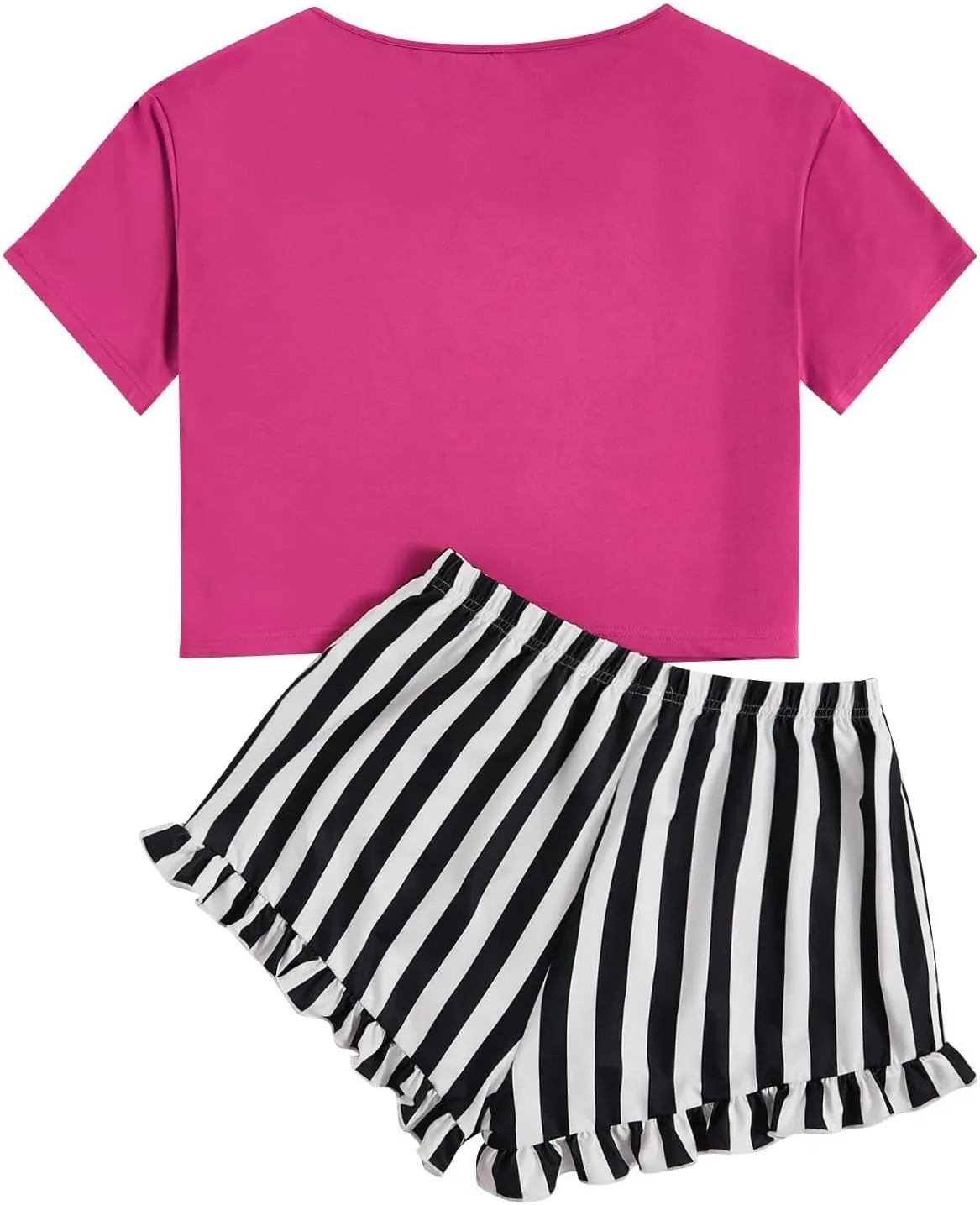 WDIRARA Women's Sleepwear Closed Eyes Print Tee and Striped Shorts Cute Pajama Set