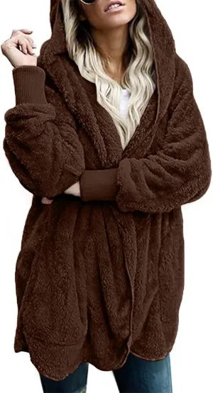 Winter Coats For Women Loose Hooded Jacket Plush Long Sleeve Cardigan Solid Color Coat