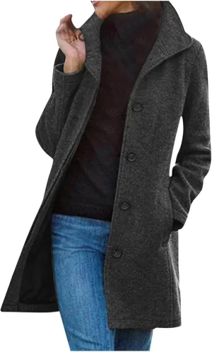 Winter Coats For Women Wool Blend Coat Fashion Button Lapel Solid Color Peacoat Fall Casual Going Out Long Overcoat