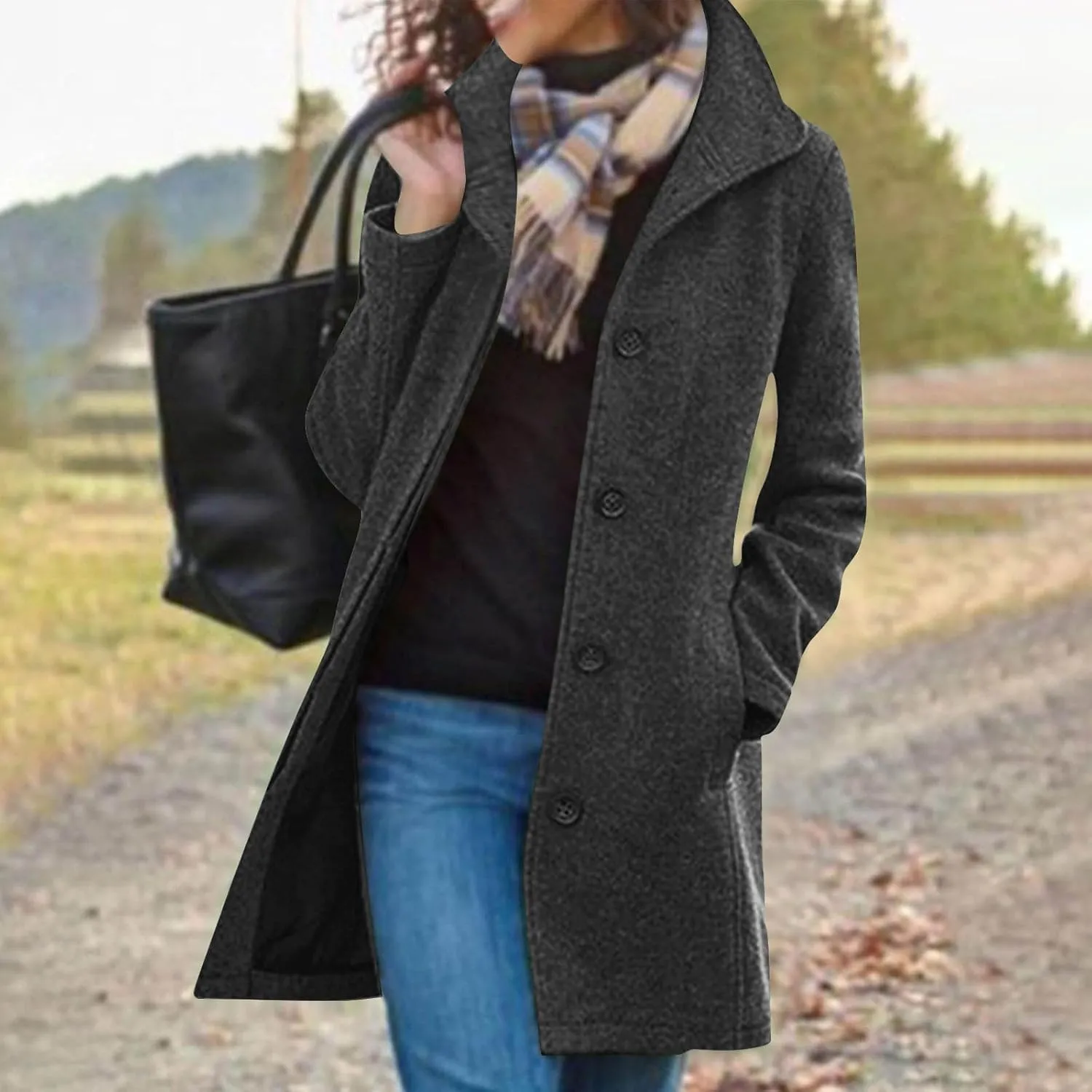 Winter Coats For Women Wool Blend Coat Fashion Button Lapel Solid Color Peacoat Fall Casual Going Out Long Overcoat