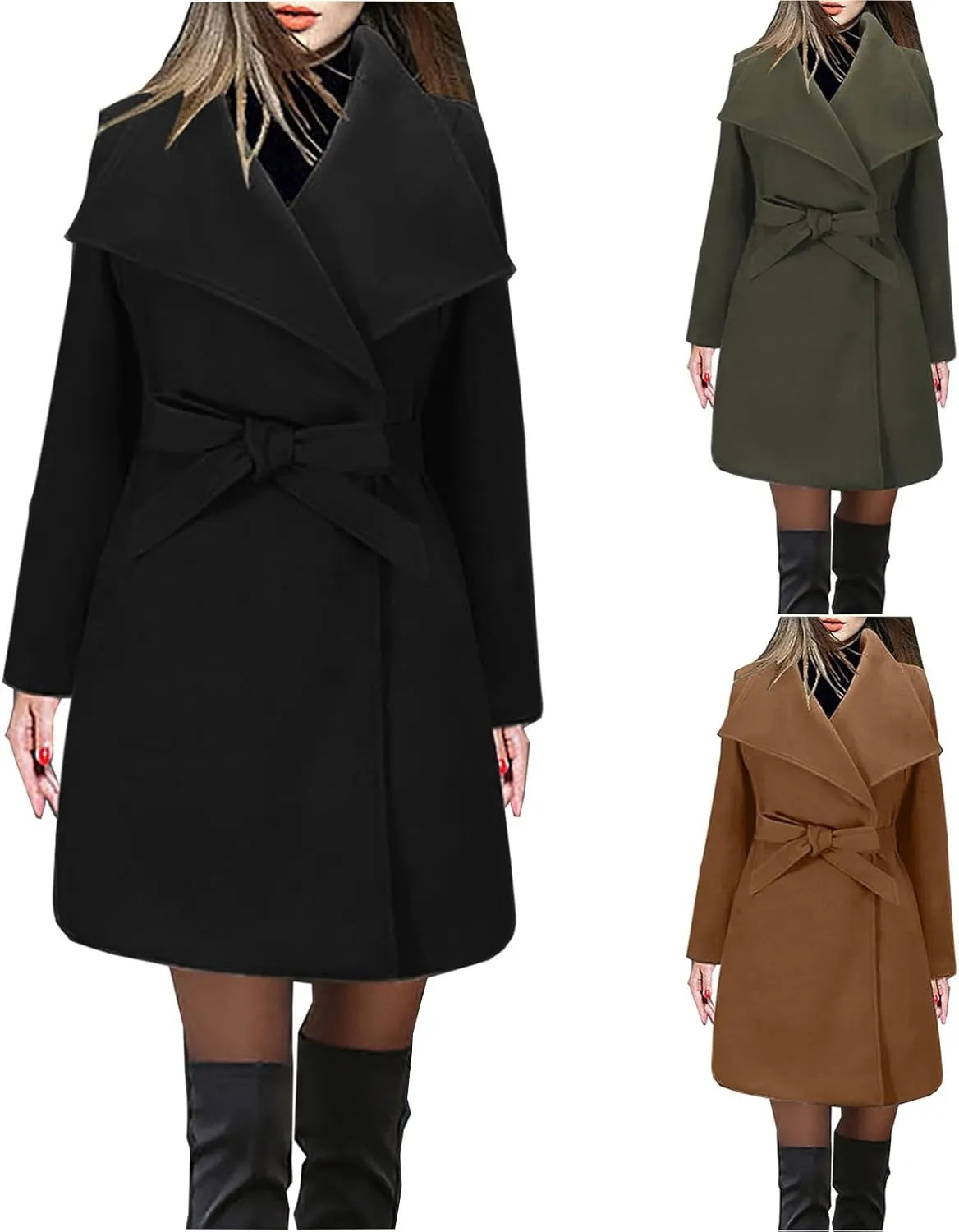 Winter Coats for Women Wool Blend Warm Soft Pea Coat 2024 Casual Notch Lapel Mid-Long Trench Coat Overcoat With Belt