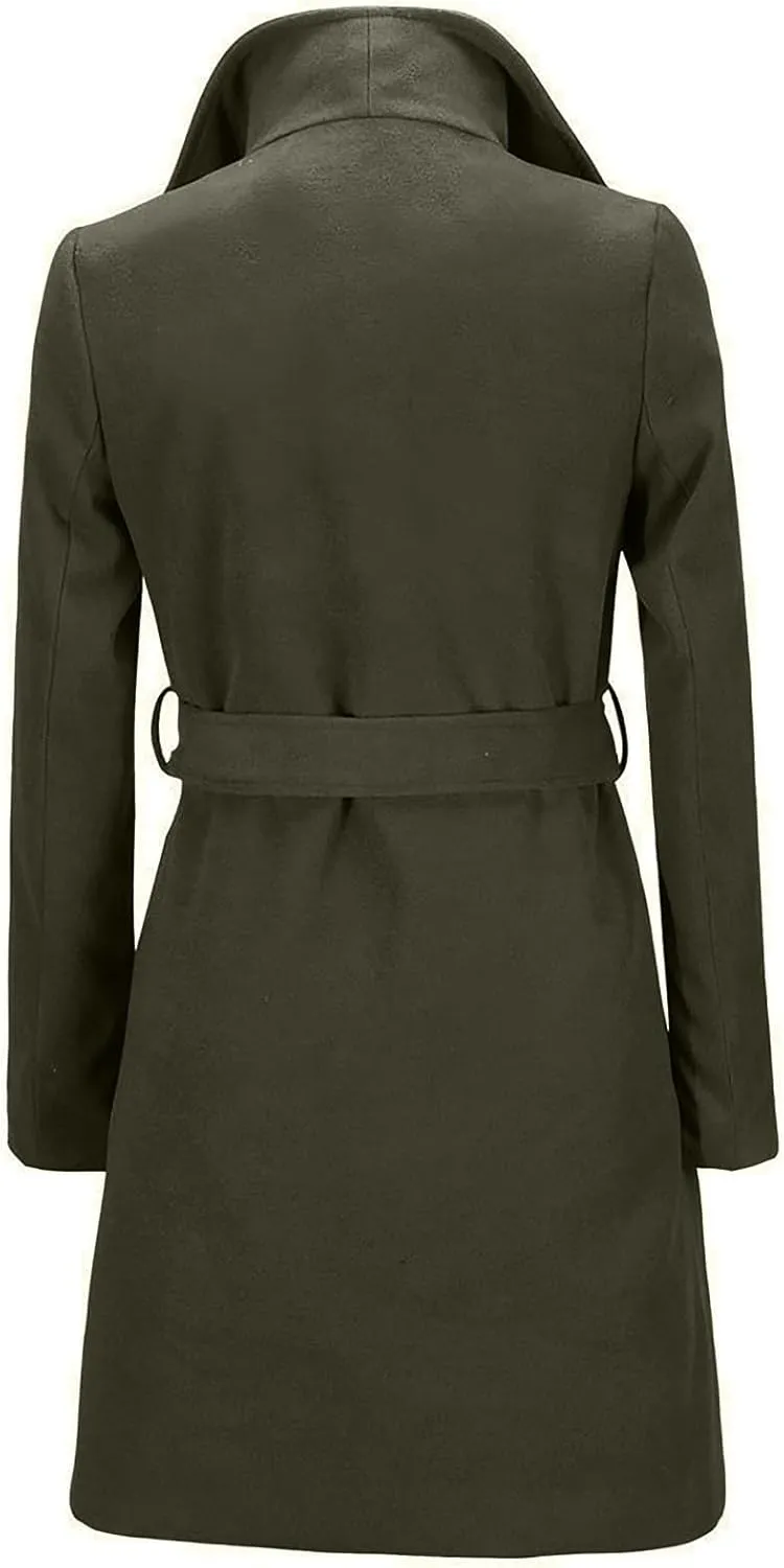 Winter Coats for Women Wool Blend Warm Soft Pea Coat 2024 Casual Notch Lapel Mid-Long Trench Coat Overcoat With Belt