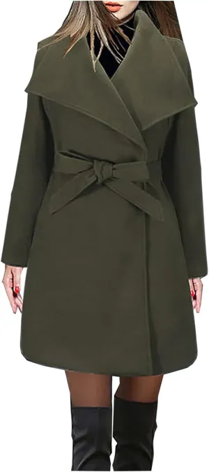 Winter Coats for Women Wool Blend Warm Soft Pea Coat 2024 Casual Notch Lapel Mid-Long Trench Coat Overcoat With Belt