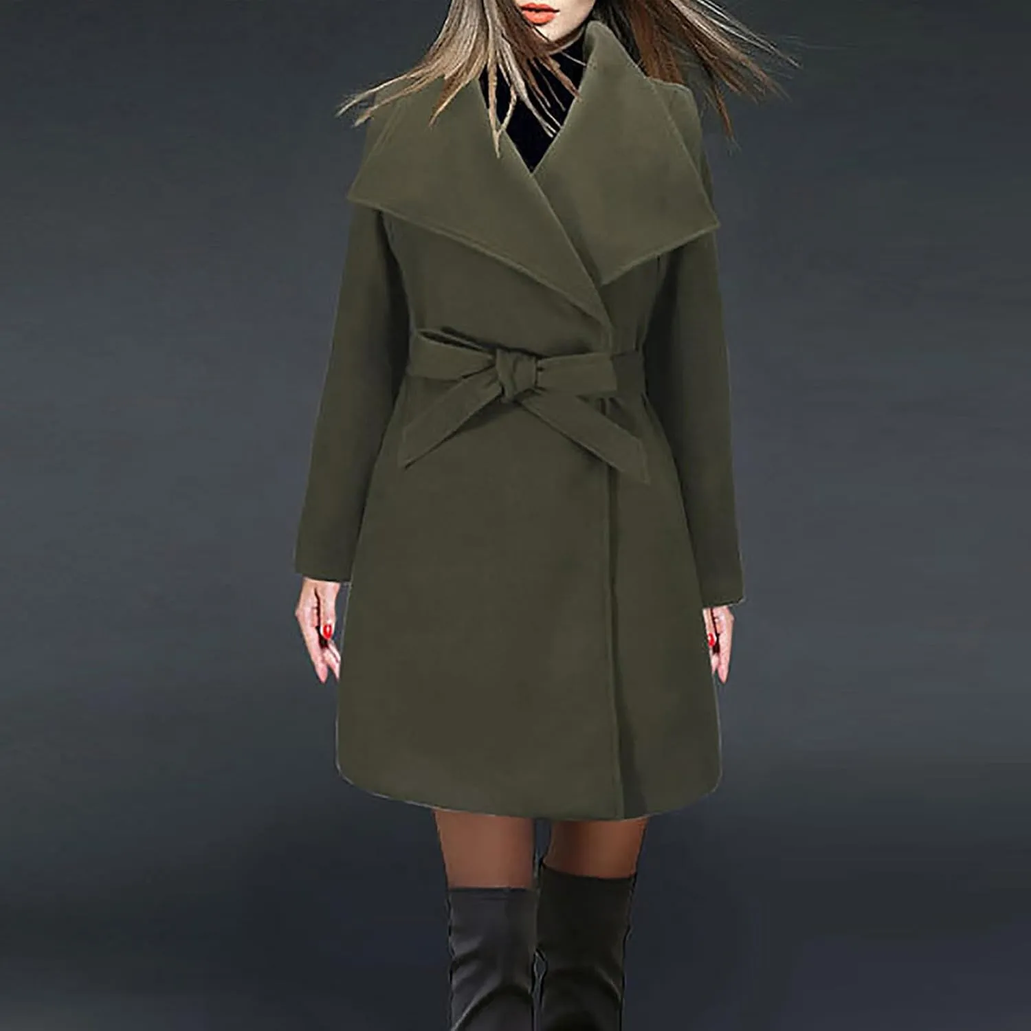 Winter Coats for Women Wool Blend Warm Soft Pea Coat 2024 Casual Notch Lapel Mid-Long Trench Coat Overcoat With Belt