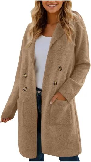 Winter Pea Coat For Women 2024 Trendy Double Breasted Lapel Mid Length Trench Coat Solid Color Casual Fall Overcoat