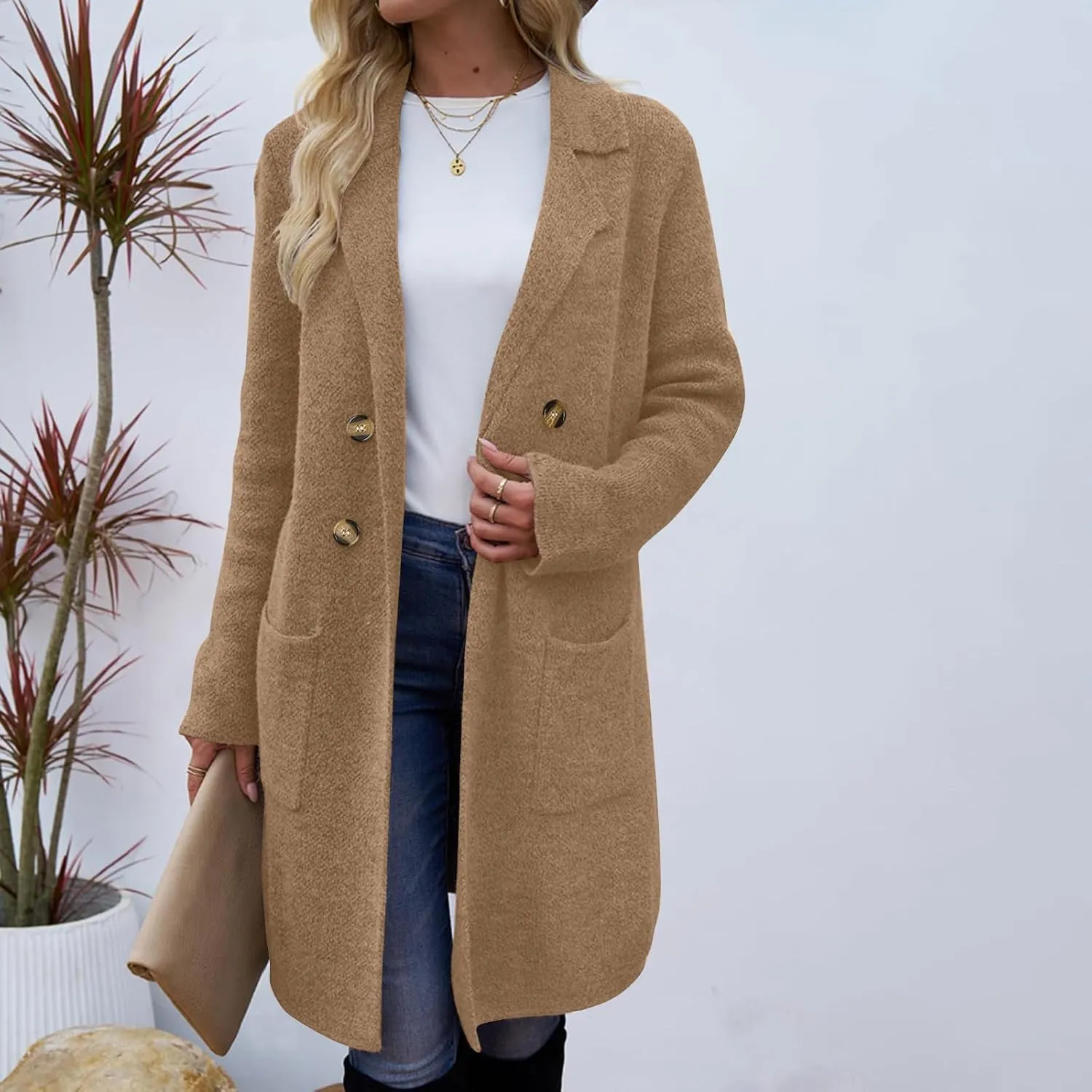 Winter Pea Coat For Women 2024 Trendy Double Breasted Lapel Mid Length Trench Coat Solid Color Casual Fall Overcoat