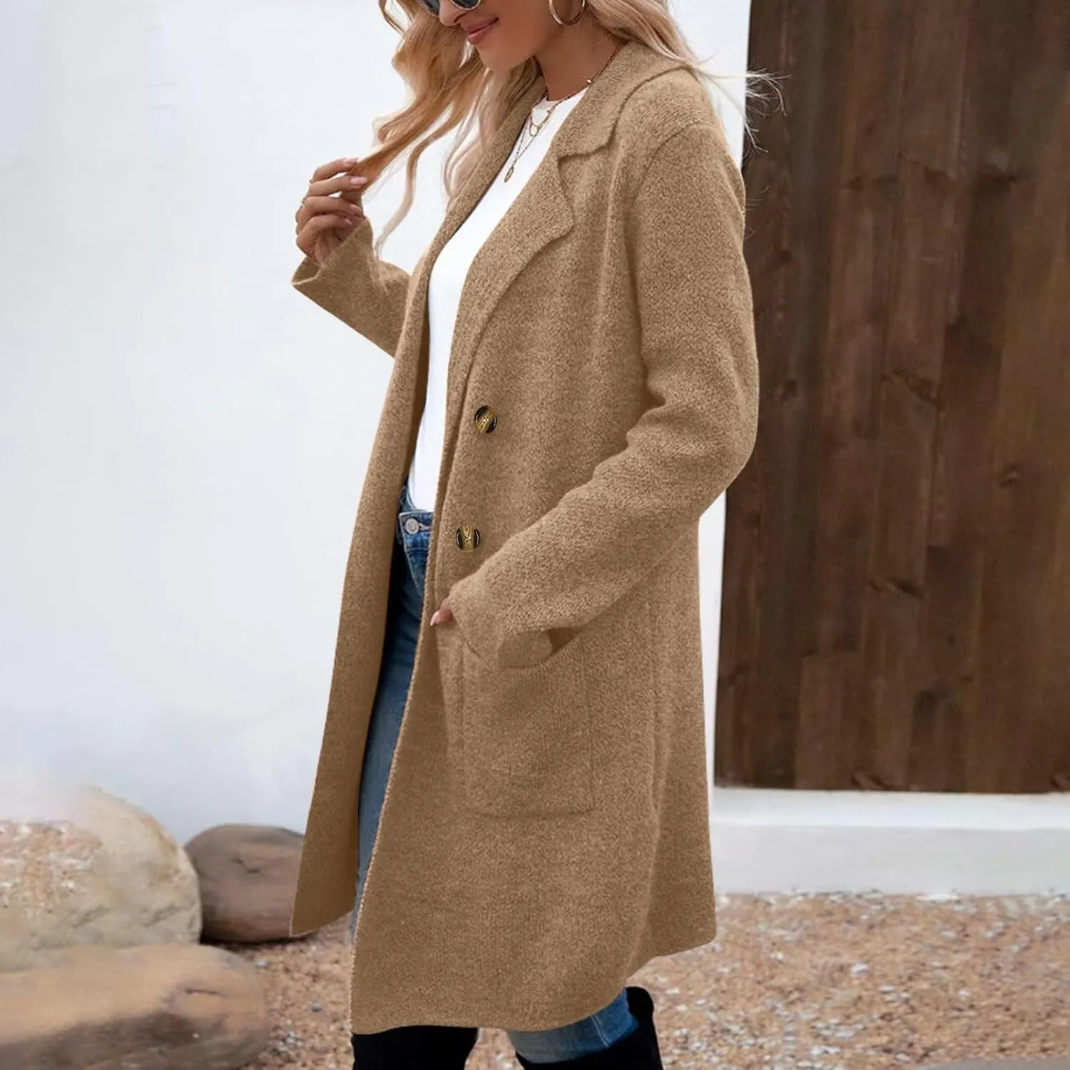 Winter Pea Coat For Women 2024 Trendy Double Breasted Lapel Mid Length Trench Coat Solid Color Casual Fall Overcoat