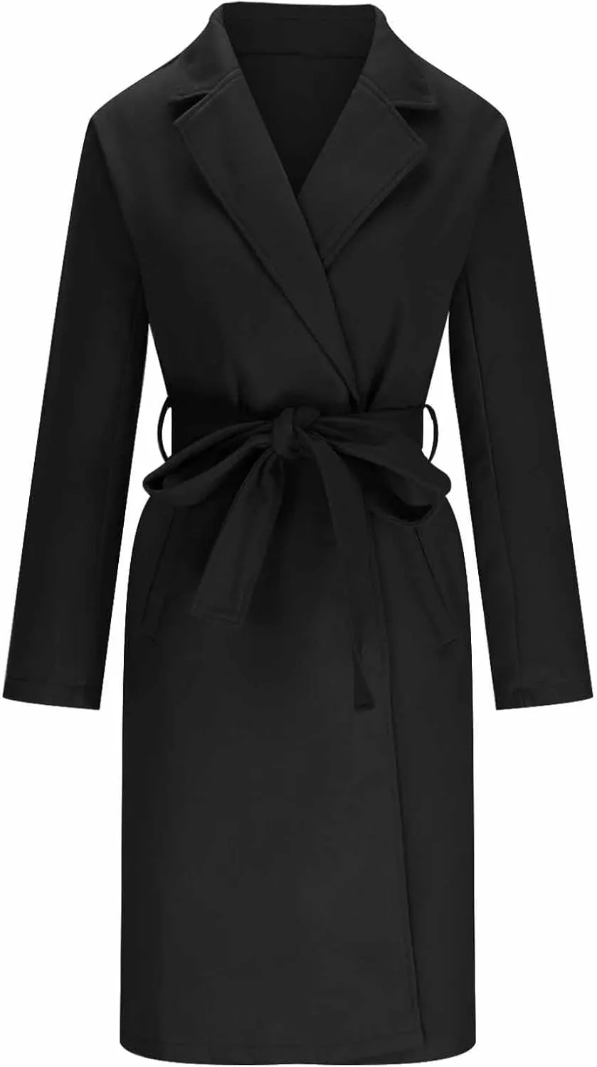 Winter Pea Coats for Women 2024 Casual Notch Lapel Office Jackets Mid Long Length Belted Trench Coat Wool Coat