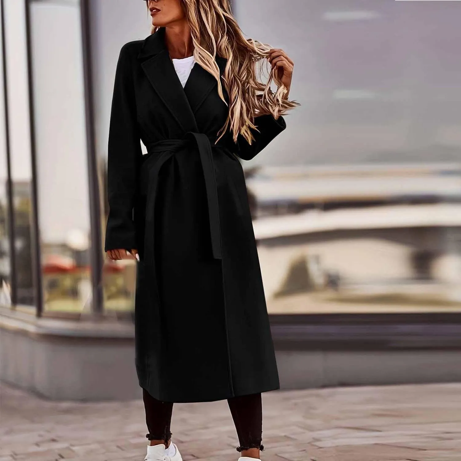 Winter Pea Coats for Women 2024 Casual Notch Lapel Office Jackets Mid Long Length Belted Trench Coat Wool Coat