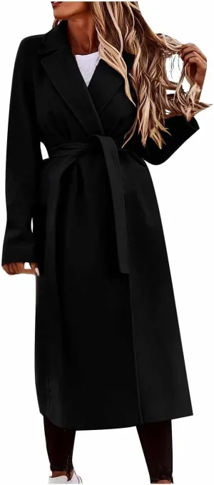 Winter Pea Coats for Women 2024 Casual Notch Lapel Office Jackets Mid Long Length Belted Trench Coat Wool Coat