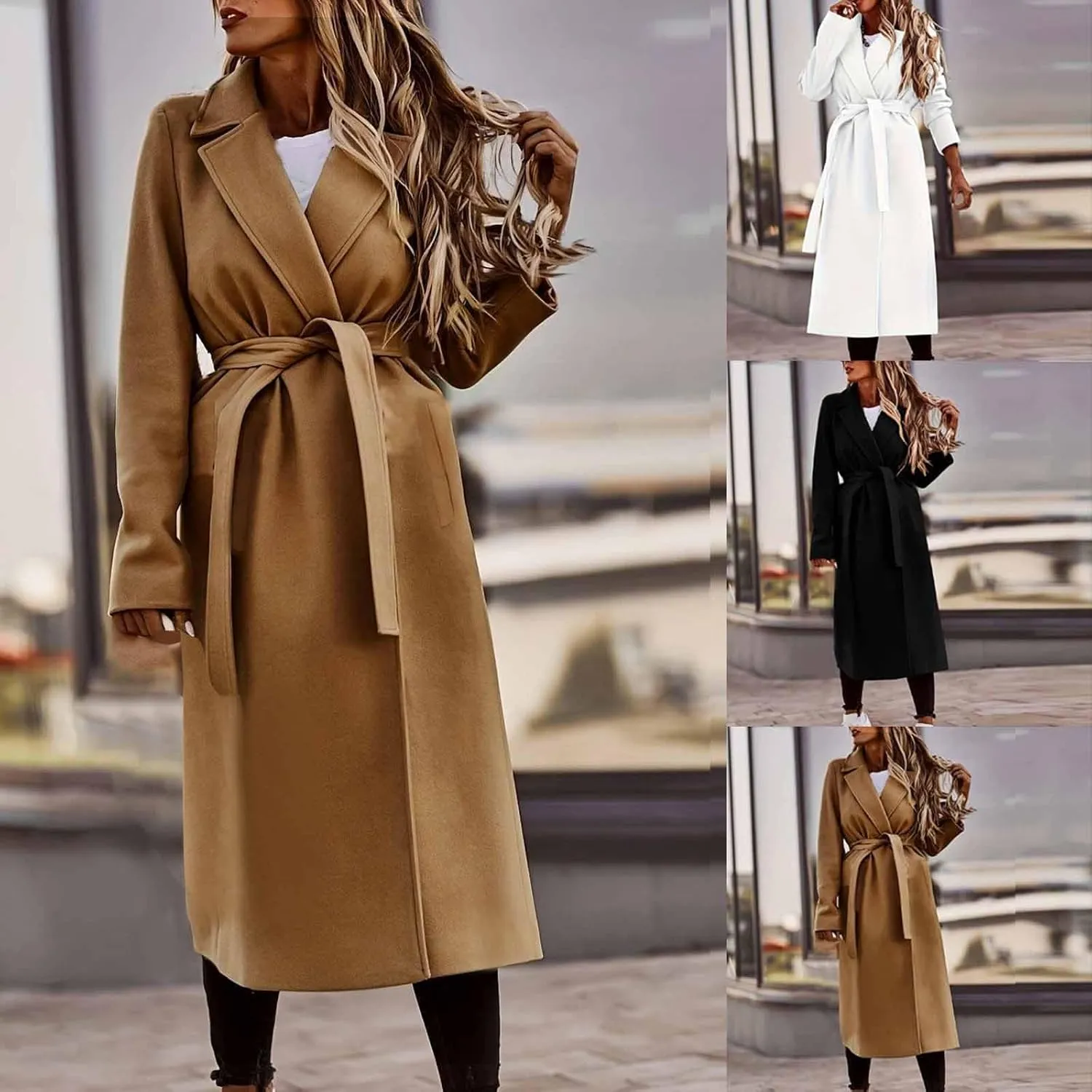 Winter Pea Coats for Women 2024 Casual Notch Lapel Office Jackets Mid Long Length Belted Trench Coat Wool Coat
