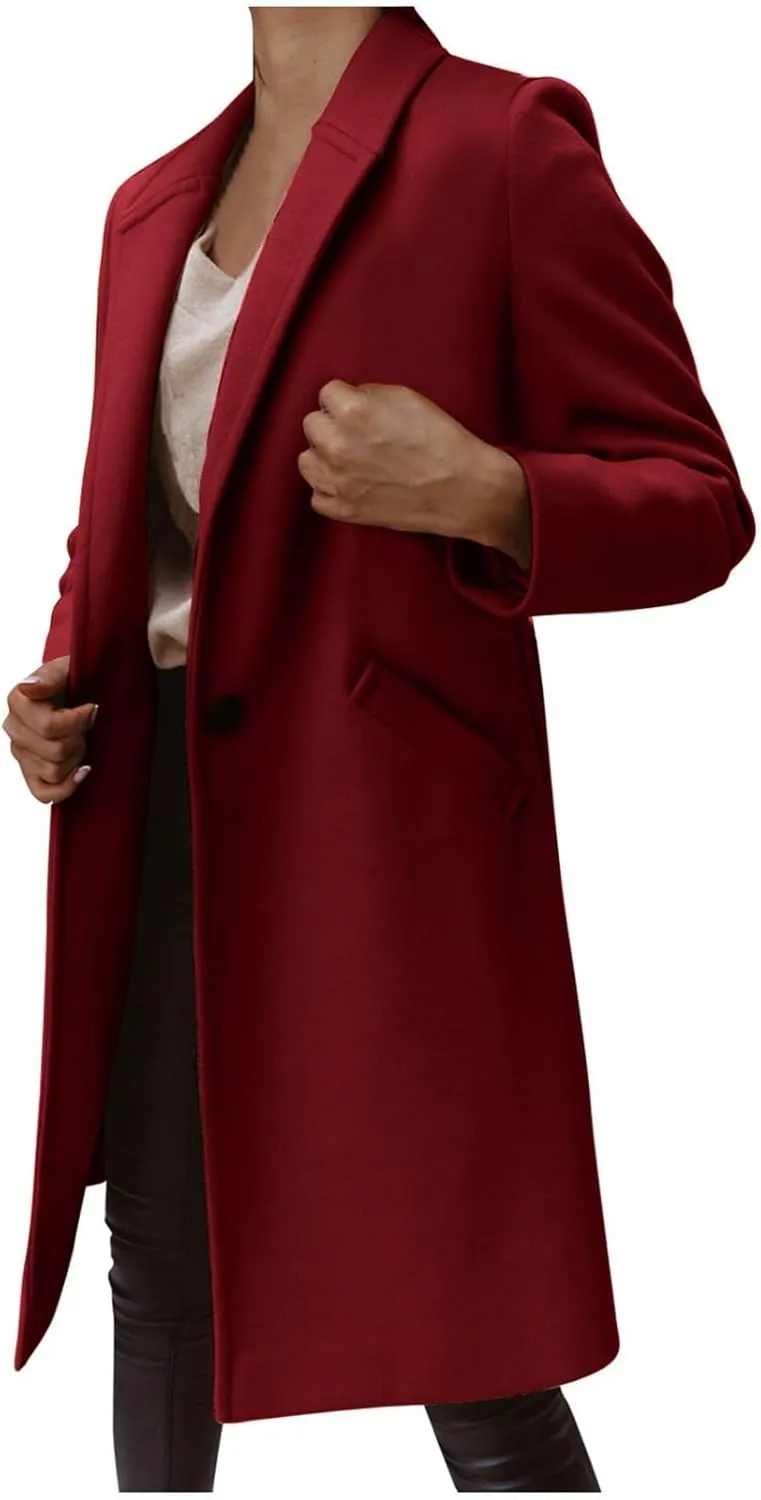 Winter Pea Coats for Women Elegant Double Breasted Lapel Jacket Wool Blend Trench Coat Mid Long Dress Coats