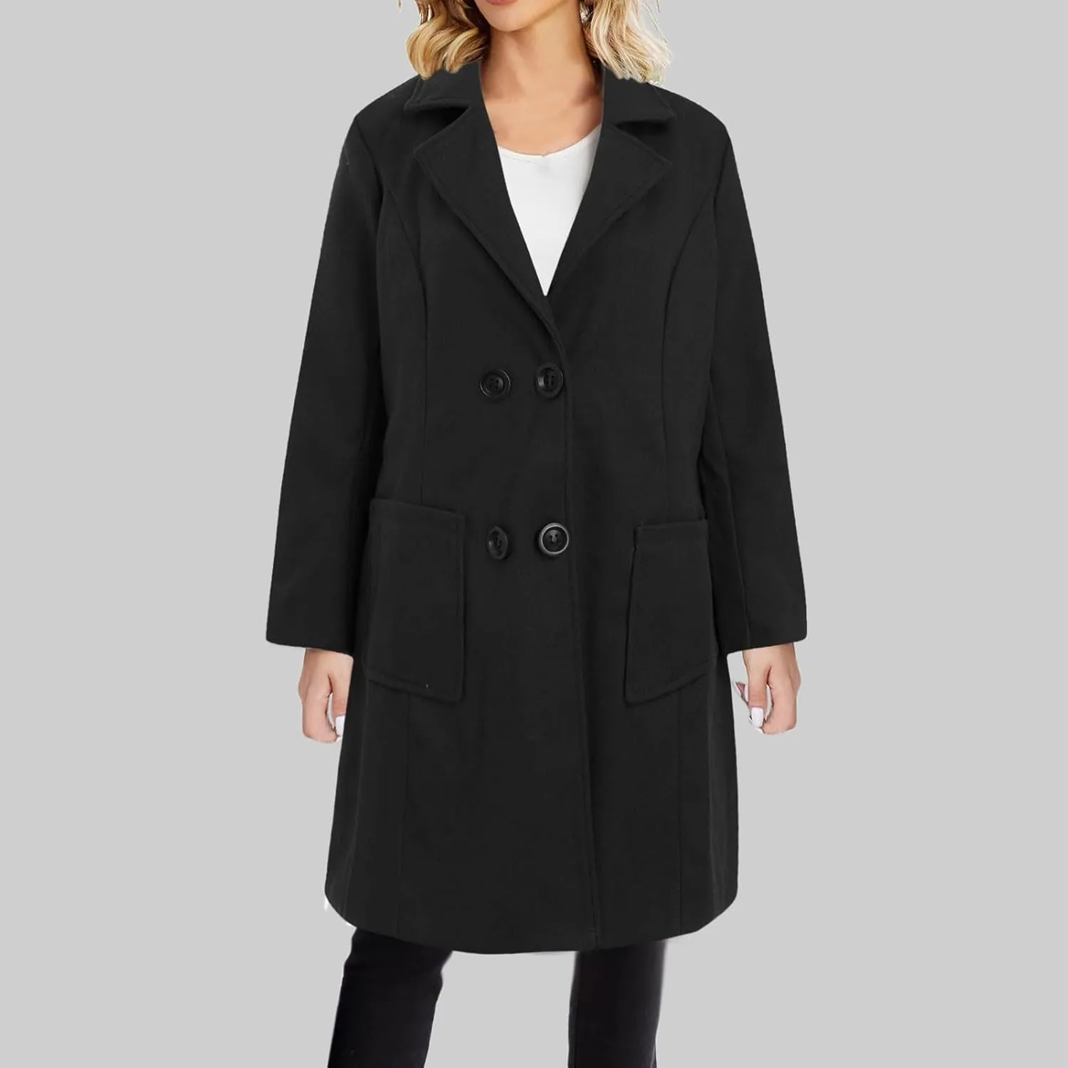Winter Trench Coat for Women Double Breasted Notched Collar Work Office Jacket Wool Blend Mid Long Pea Coat