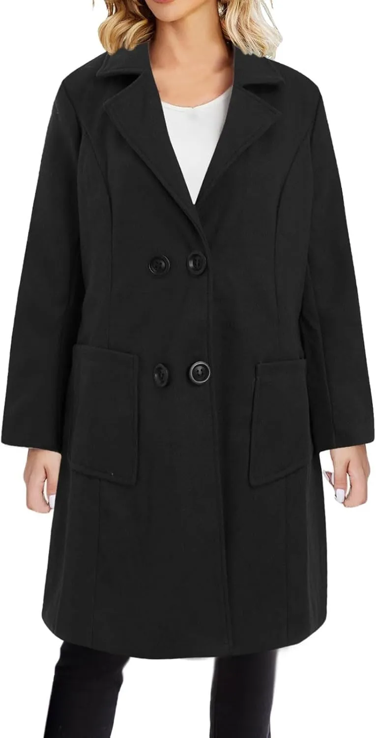 Winter Trench Coat for Women Double Breasted Notched Collar Work Office Jacket Wool Blend Mid Long Pea Coat