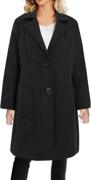 Winter Trench Coat for Women Double Breasted Notched Collar Work Office Jacket Wool Blend Mid Long Pea Coat