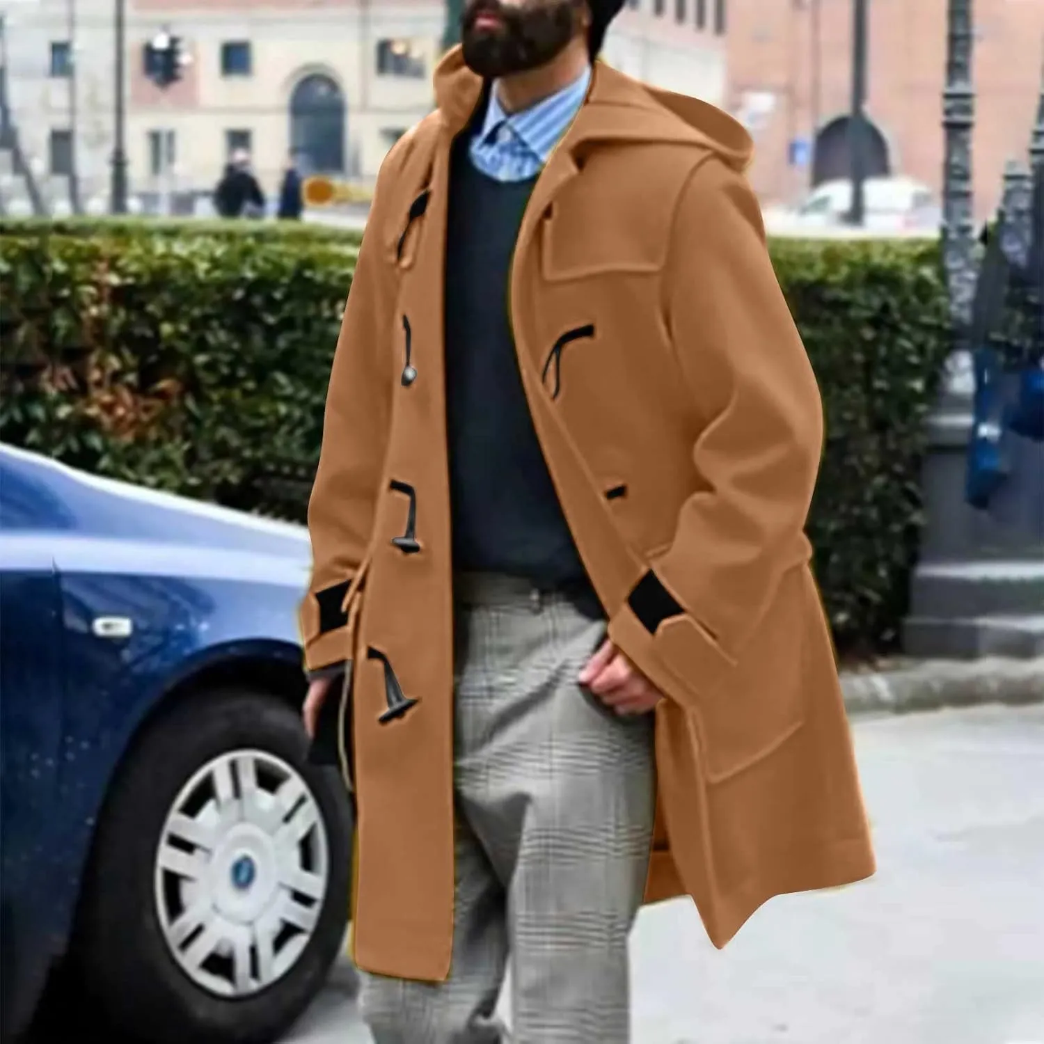 Winter Trench Coat Men Long Big and Tall Pea Coat Horn Button Wool Coat Casual Overcoat Thick Warm Jacket with Hood