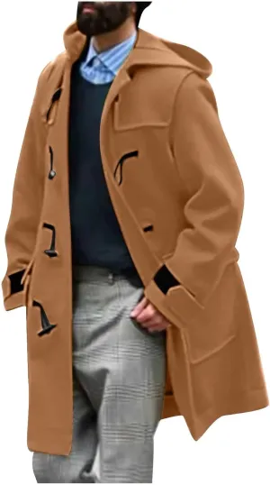 Winter Trench Coat Men Long Big and Tall Pea Coat Horn Button Wool Coat Casual Overcoat Thick Warm Jacket with Hood