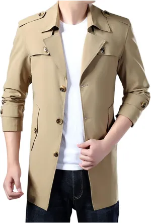 Winter Warm Trench Coats for Men Fashion Lapel Single Breasted Casual Jackets Mid Length Outdoor Windproof Coat