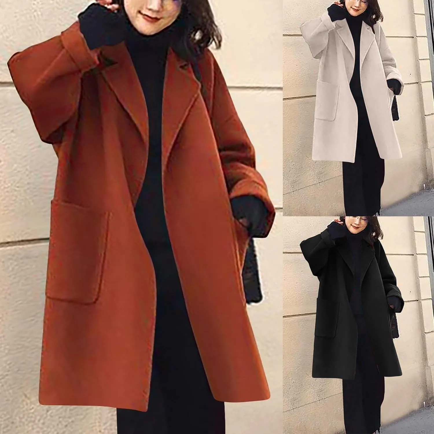 Winter Wool Coat for Women Notch Lapel Collar Open Front Pea Coat Loose Warm Mid-Long Trench Coats Overcoat