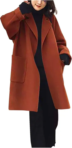 Winter Wool Coat for Women Notch Lapel Collar Open Front Pea Coat Loose Warm Mid-Long Trench Coats Overcoat