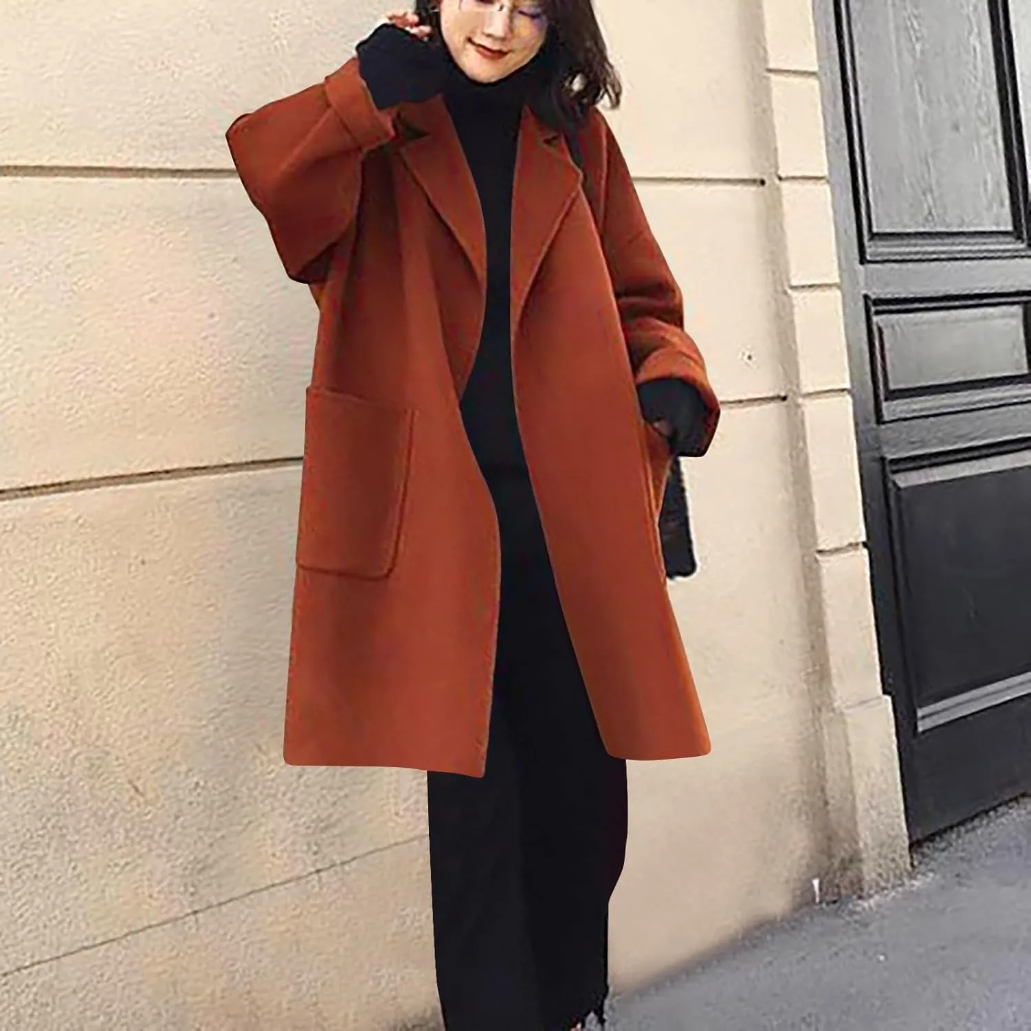 Winter Wool Coat for Women Notch Lapel Collar Open Front Pea Coat Loose Warm Mid-Long Trench Coats Overcoat