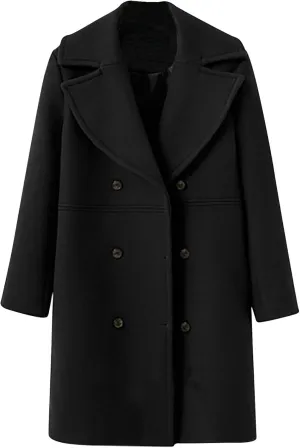 Winter Wool Coats for Women Elegant Double Breasted Mid Length Trench Coat Open Front Notched Collar Over Coat
