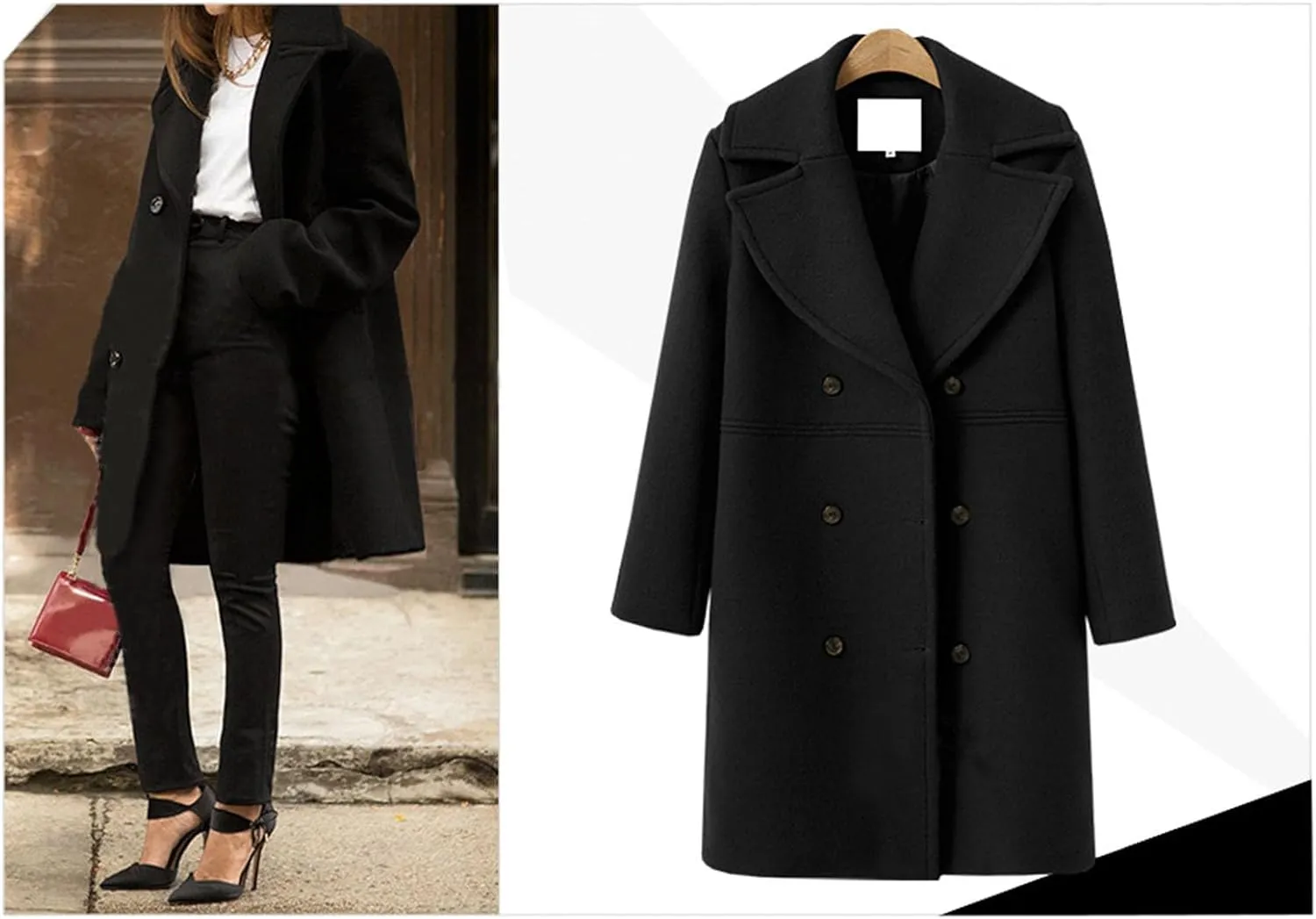 Winter Wool Coats for Women Elegant Double Breasted Mid Length Trench Coat Open Front Notched Collar Over Coat