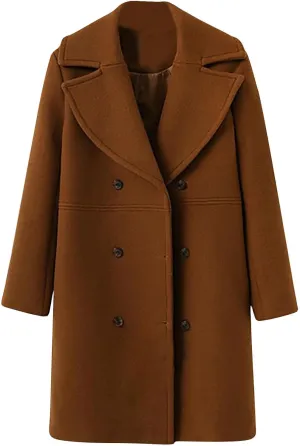Winter Wool Coats for Women Elegant Double Breasted Mid Length Trench Coat Open Front Notched Collar Over Coat
