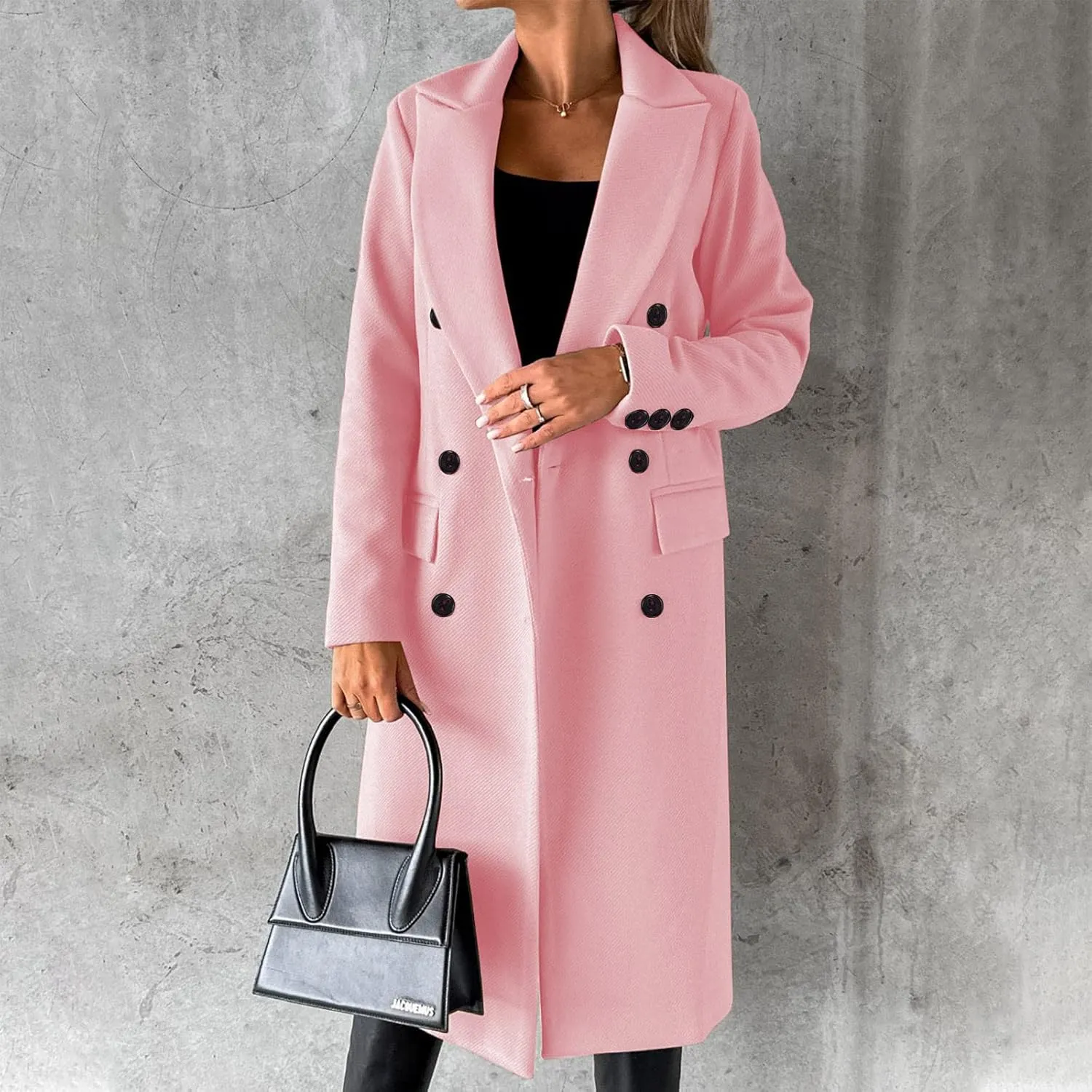 Wkishenl Long Winter Coats for Women Casual Notch Lapel Double-Breasted Peacoat Elegant Work Office Trench Coat with Pockets
