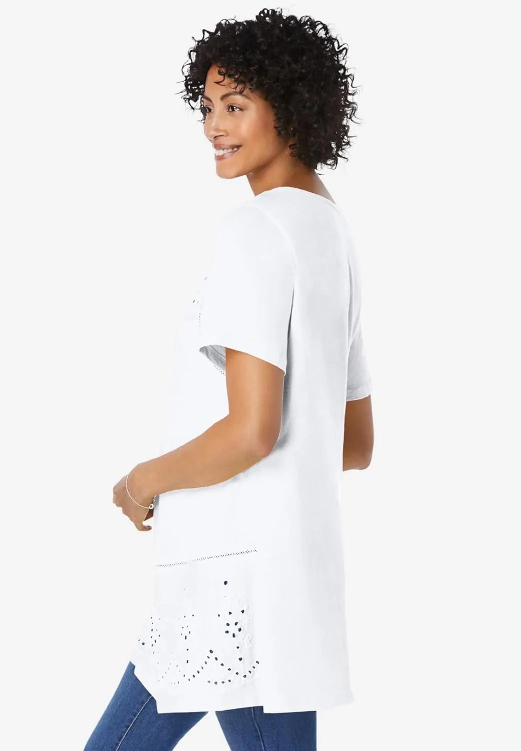 Woman Within Plus Size Embroidered Eyelet Pintucked Tunic