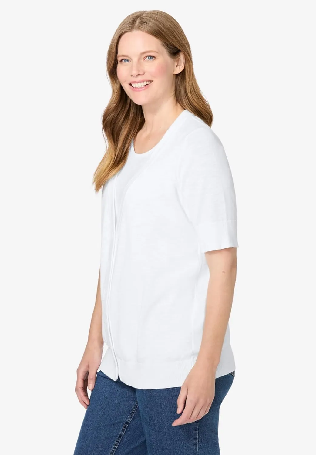 Woman Within Plus Size Lightweight Short Sleeve V-Neck Cardigan