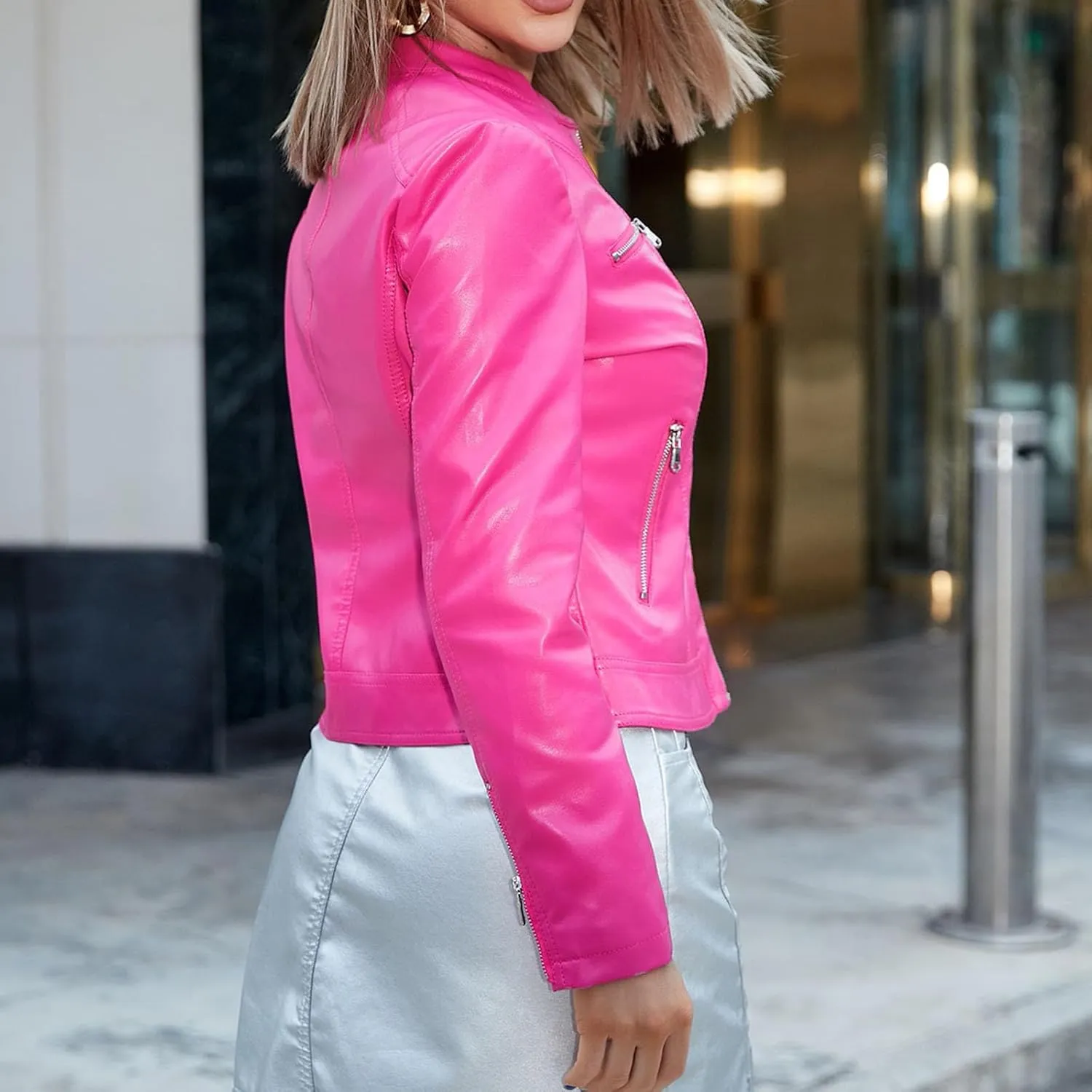 Women Faux Leather Casual Jacket, Fall and Spring Fashion Motorcycle Bike Coat Zip Up Short Moto Jackets with Pockets